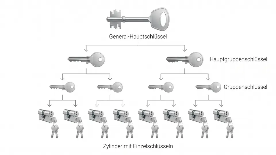 Hierarchie einer Schließanlage – Skizze von General-Hauptschlüssel über Hauptgruppen- und Gruppenschlüssel bis zu den Einzelschlüsseln, Schlüsseldienst-Sofort Wien