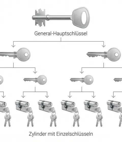 Schließplan-Hierarchie eines Wiener Mehrfamilienhauses — visualisiert mit Generalschlüssel, Bereichsschlüssel und Wohnungsschlüssel